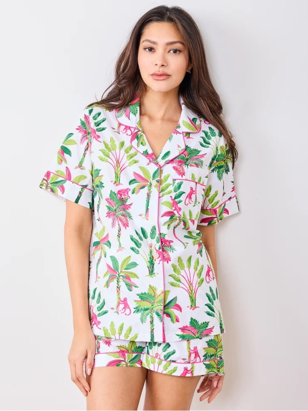 Print fresh Royal Palm Women's Tropical Print Short Pajama Set - Pink & Green